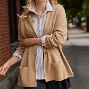 Lands End Knit Cardigan Blazer Womens XL 18 Carmel Cotton Pockets Button Front